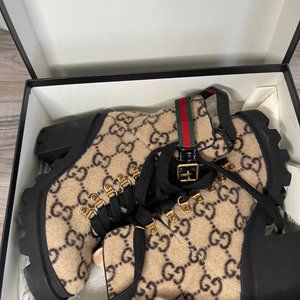 GUCCI Wool Big GG Monogram Combat Ankle Boots